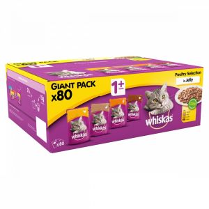 WHISKAS 1+ Cat Pouches Poultry Selection in Jelly 80x100g Pack